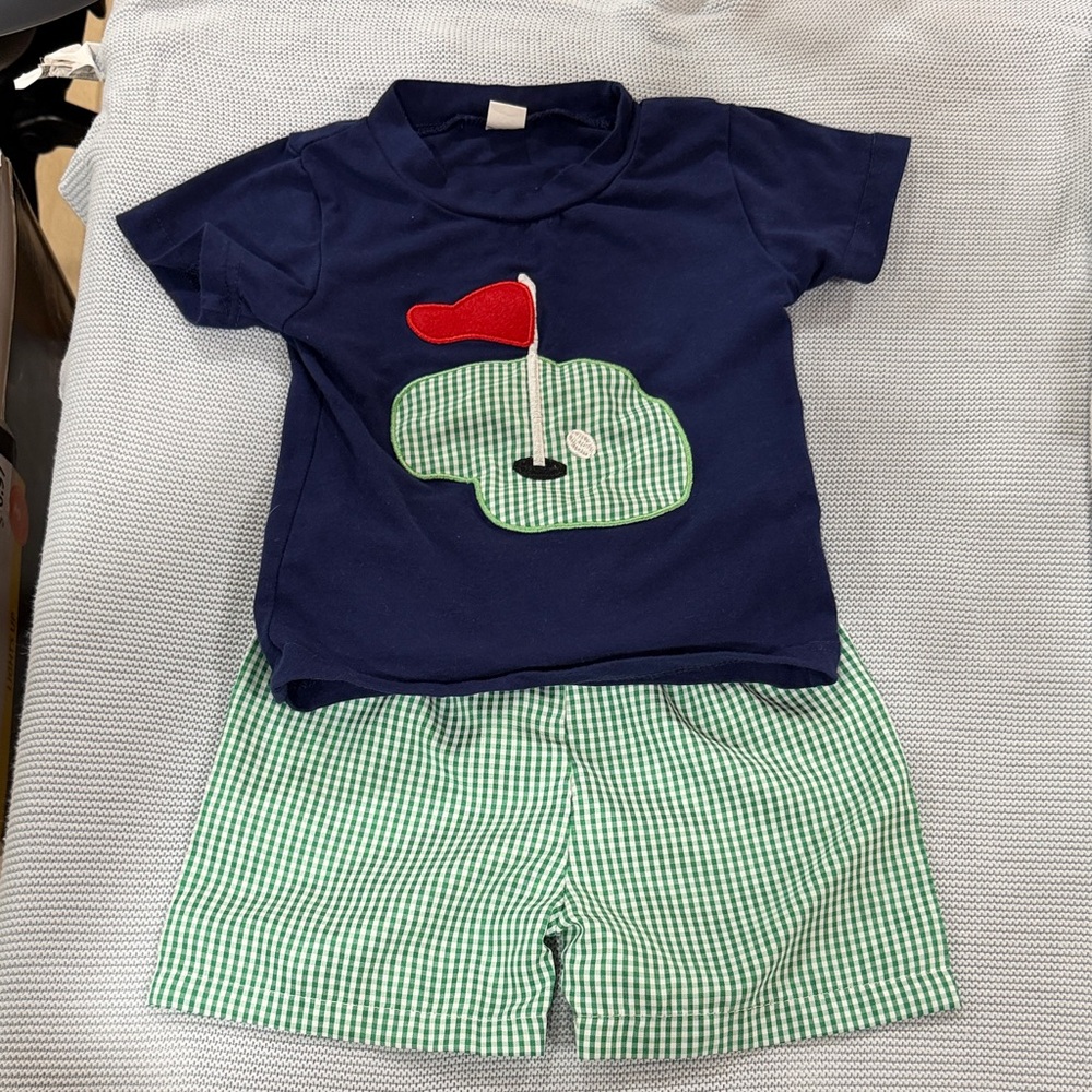 Navy Golf Themed Shirt and Green Checkered Shorts Set
